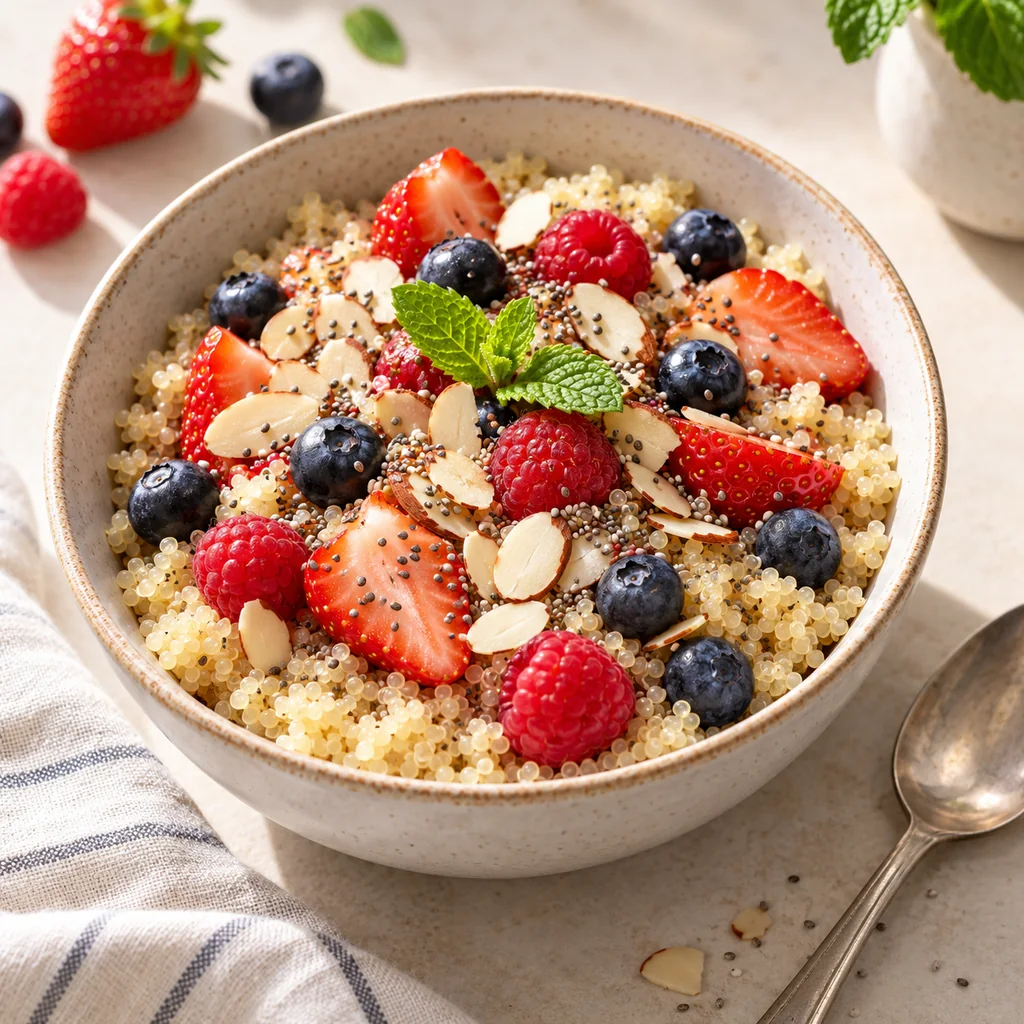 Finished quinoa breakfast bowl with berries, sliced almonds, chia seeds and fresh mint