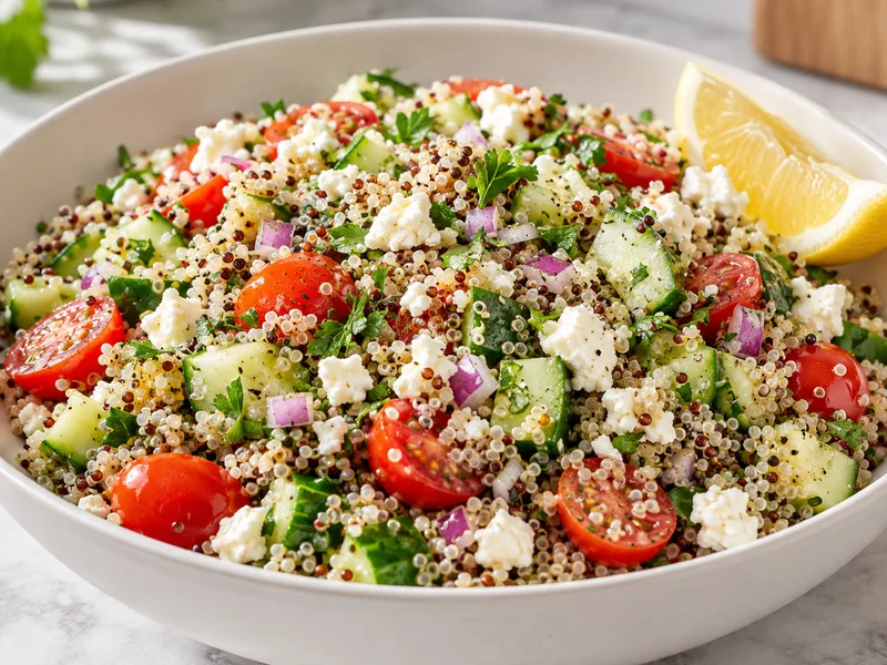 Quinoa salad with cucumber, cherry tomatoes, feta, red onion and parsley in a serving bowl