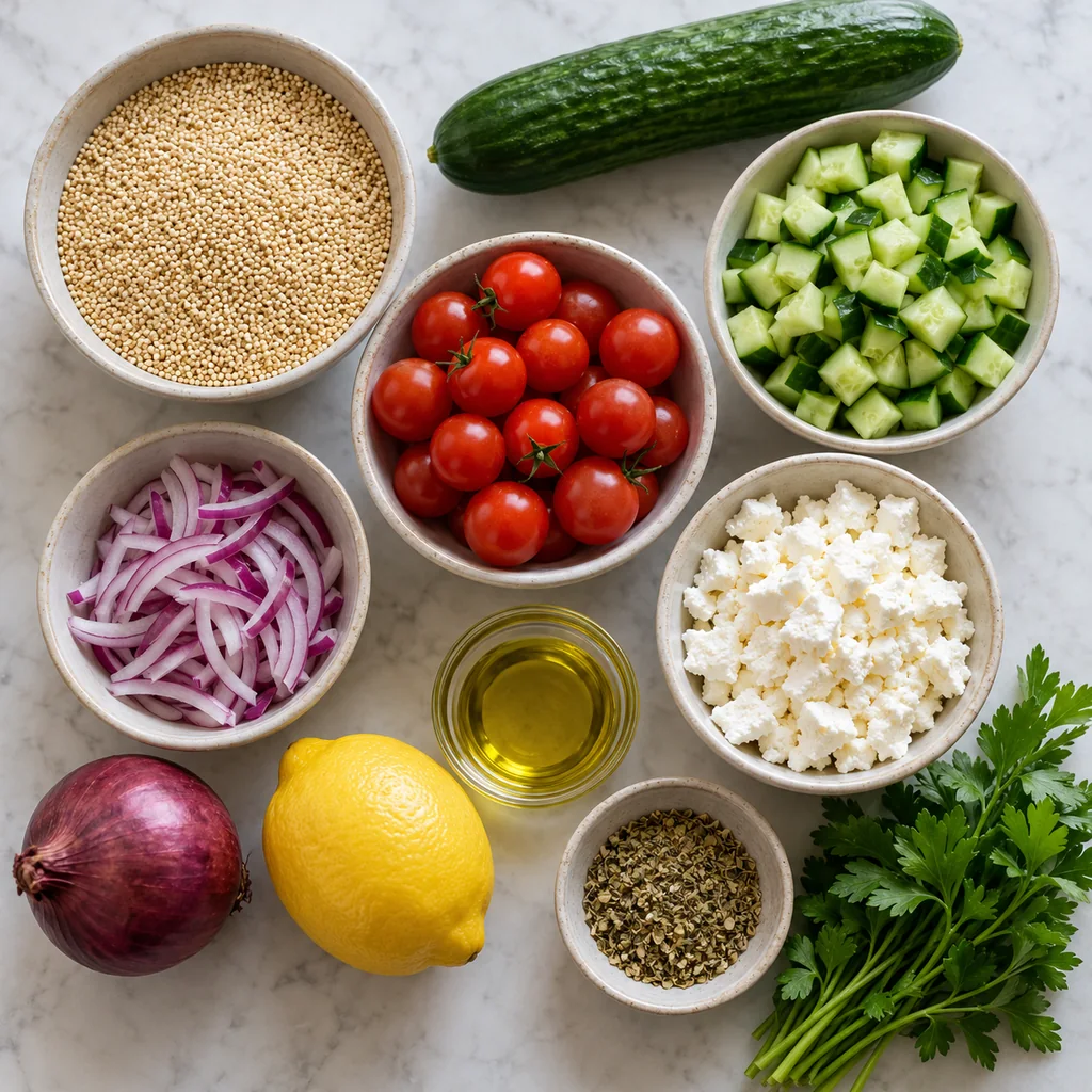 Quinoa, cucumber, cherry tomatoes, feta, red onion, olive oil, lemon, oregano and parsley arranged for a salad