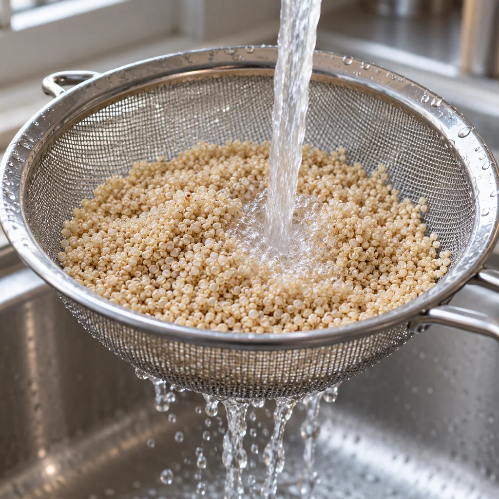 Dry quinoa grains rinsed under water in a fine-mesh sieve