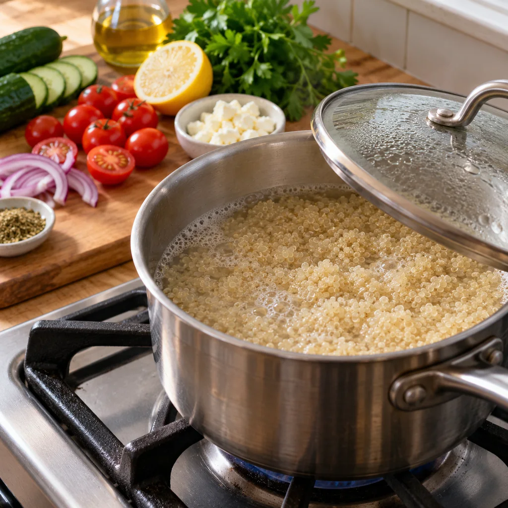 Quinoa simmering gently in water in a small saucepan