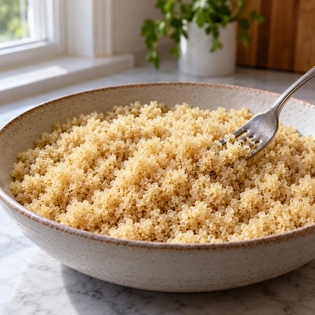 Cooked quinoa fluffed with a fork and cooling in a shallow bowl