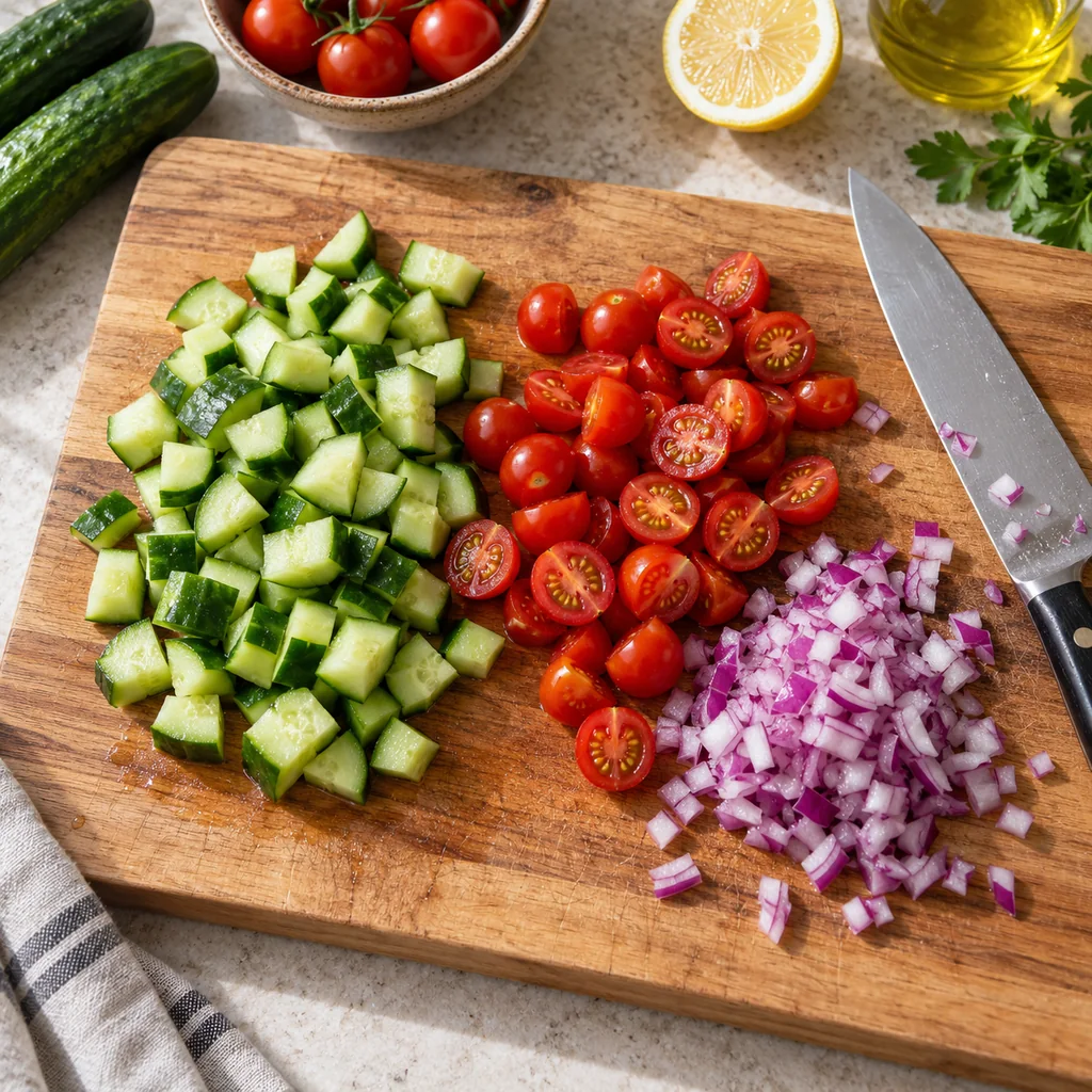 Diced cucumber, halved cherry tomatoes and chopped red onion prepared separately on a cutting board