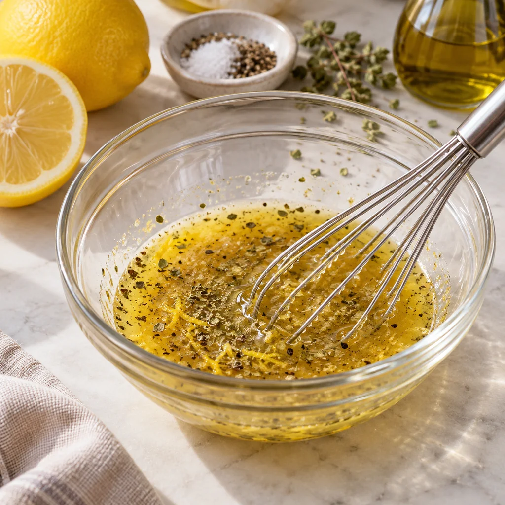 Olive oil, lemon juice, lemon zest, oregano, salt and pepper whisked in a small bowl