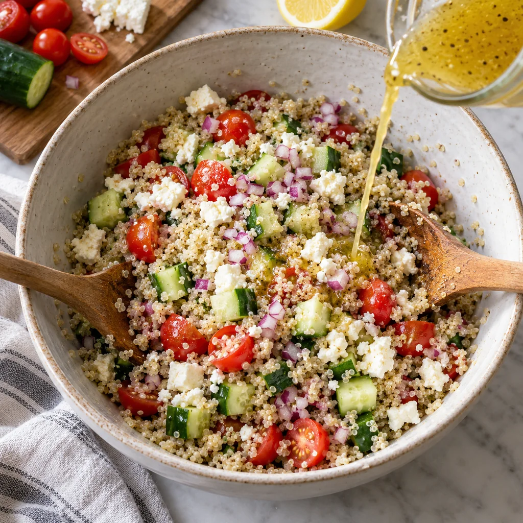Cooled quinoa tossed with cucumber, cherry tomatoes, red onion, feta and lemon dressing in a mixing bowl