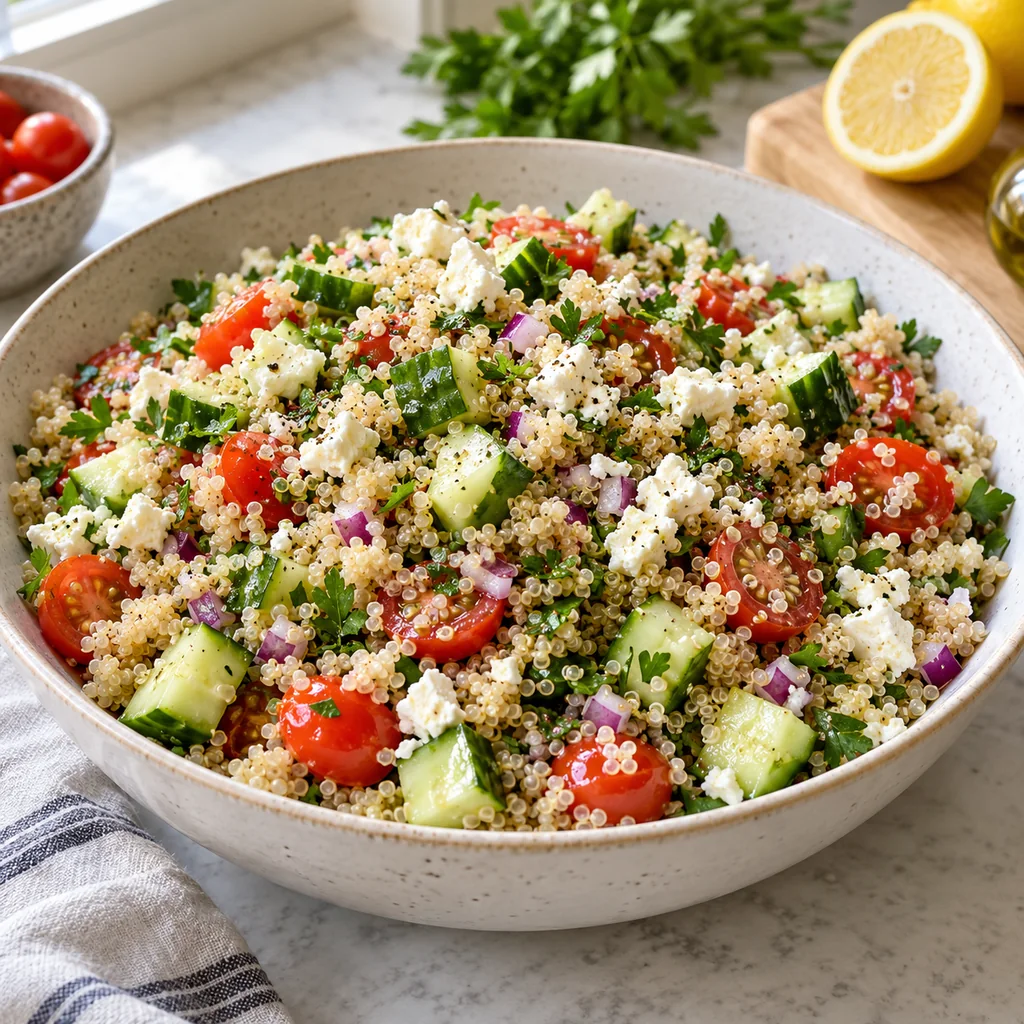 Finished quinoa salad with cucumber, tomato, feta and parsley in a serving bowl