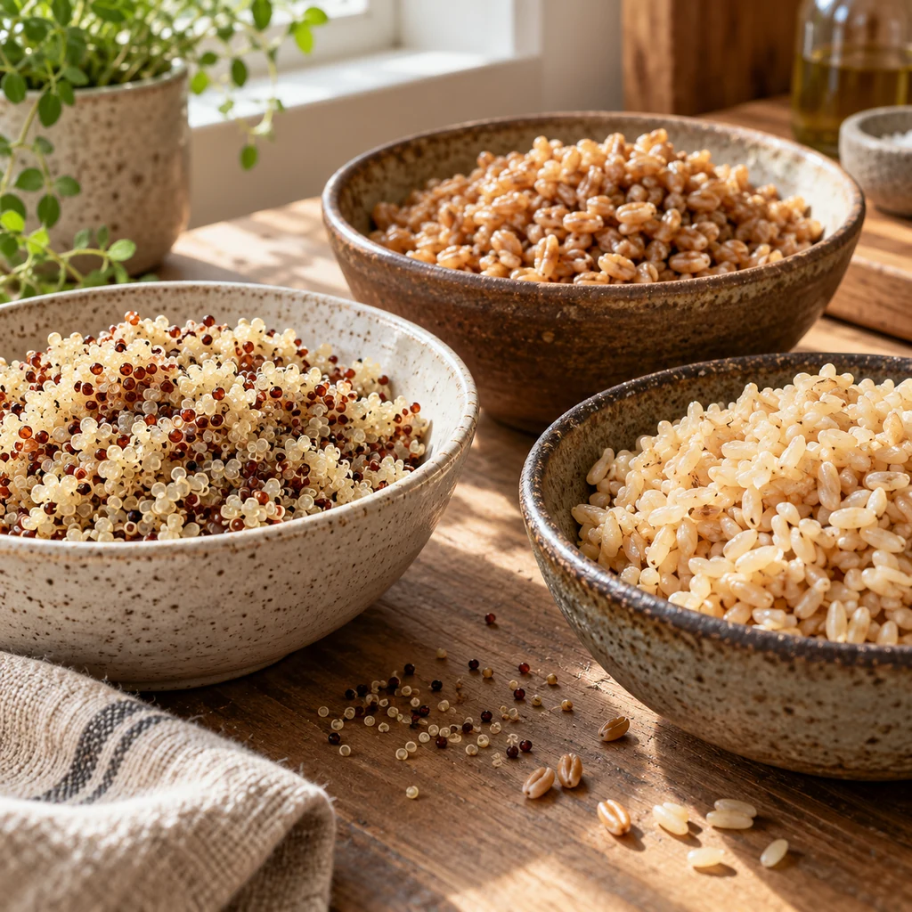 Bowls of cooked quinoa, farro, and brown rice