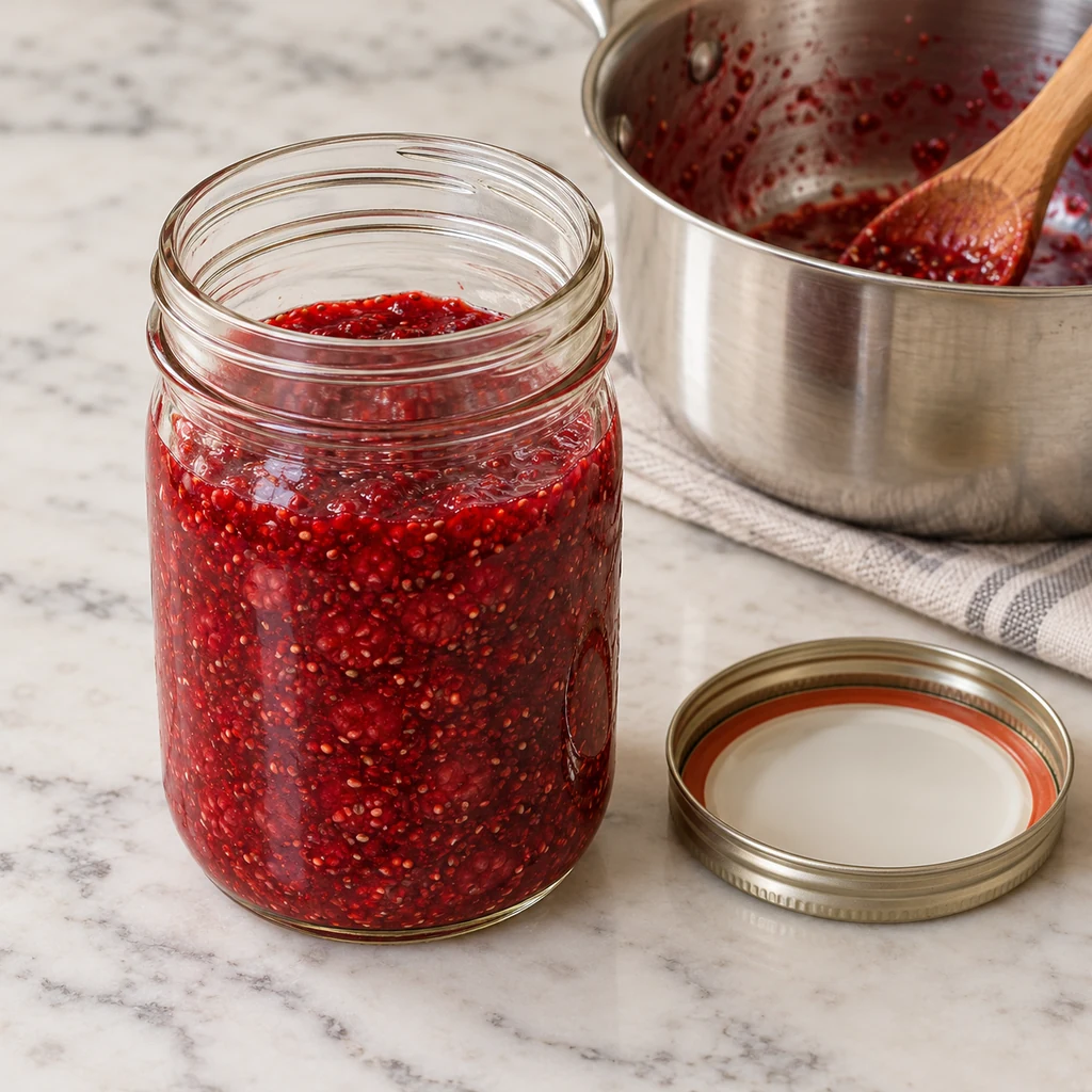 Raspberry chia jam cooling uncovered in a glass jar with empty headspace