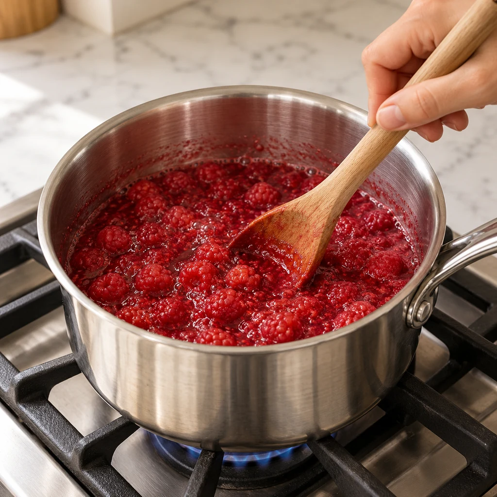 Fresh raspberries softening in a saucepan before chia seeds are added