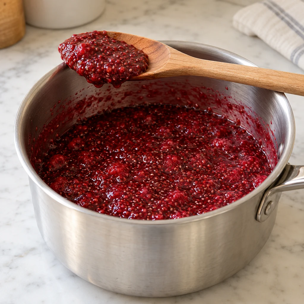 Soft-set raspberry chia jam mounding on a wooden spoon after resting