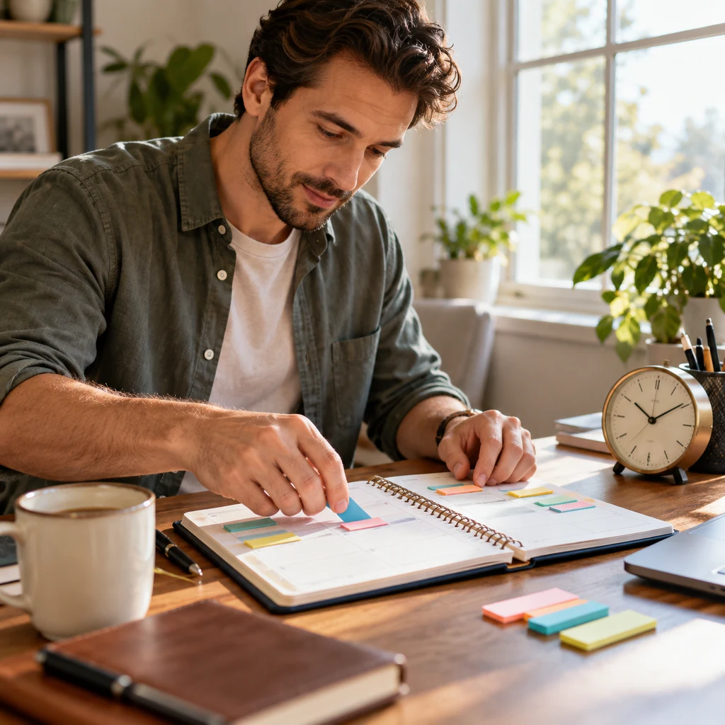 Man arranging blank colored tabs in a planner beside an analog clock