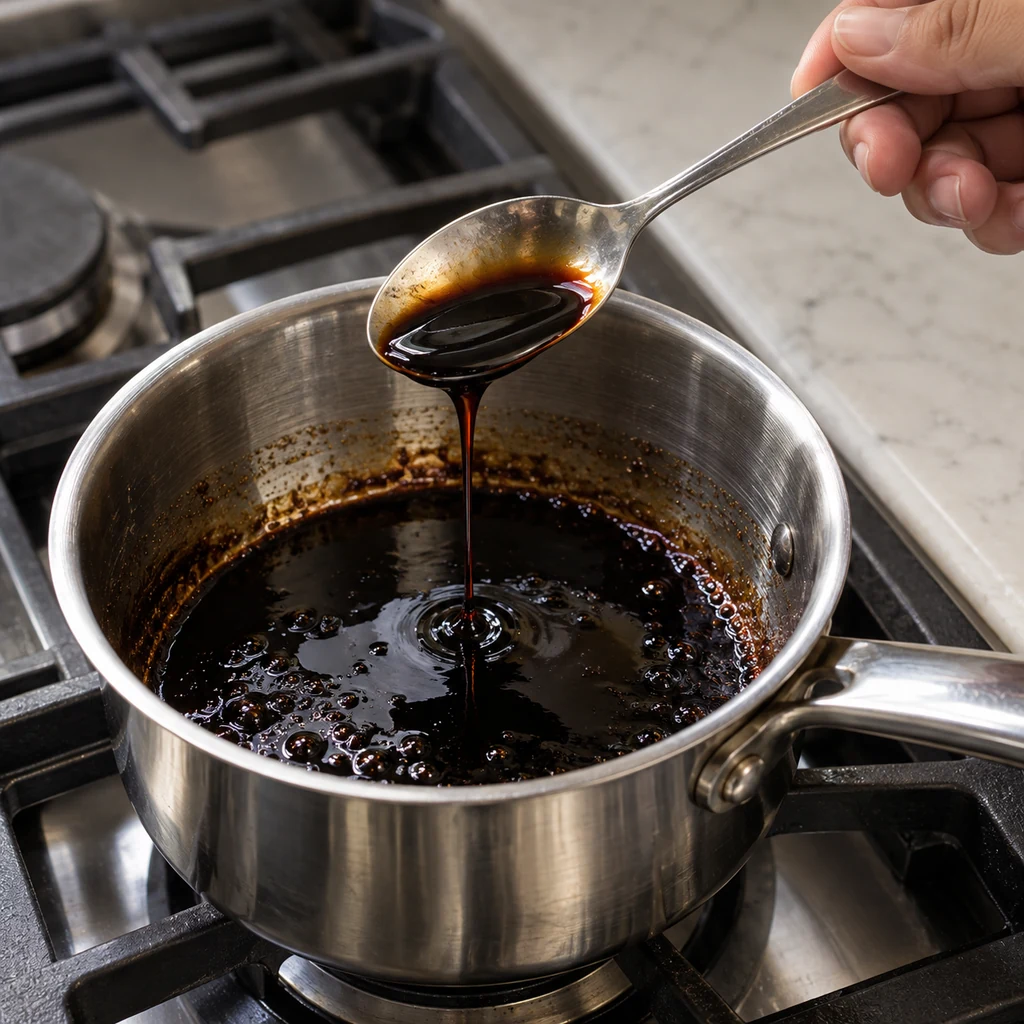 Balsamic vinegar bubbling gently in a small saucepan and thickening into a glossy drizzle