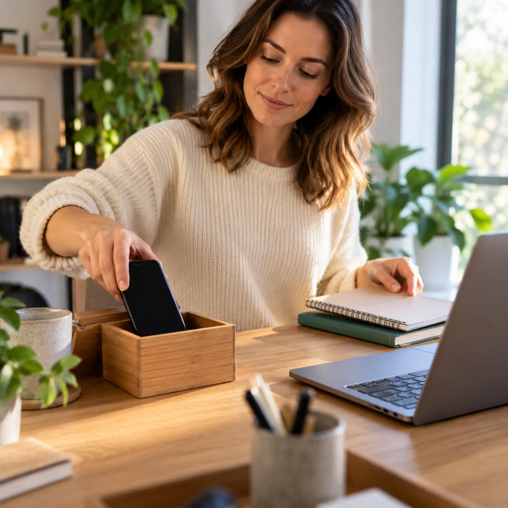 Woman placing a dark-screen smartphone into a wooden box before working