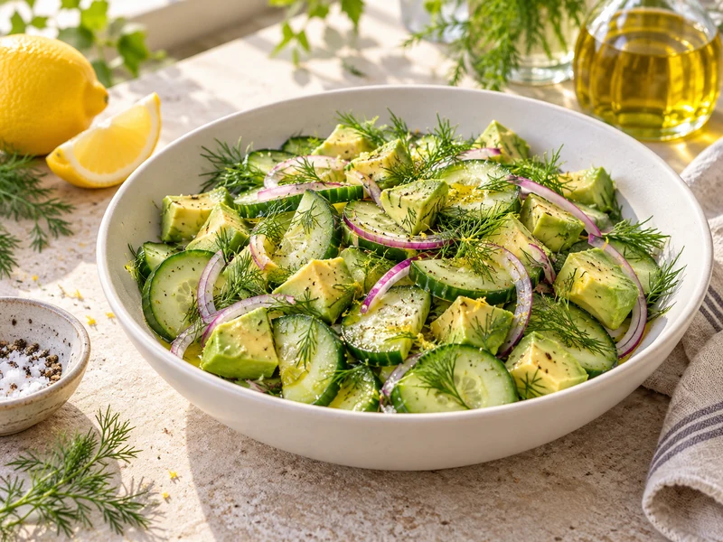 Refreshing cucumber avocado salad with red onion, dill and lemon