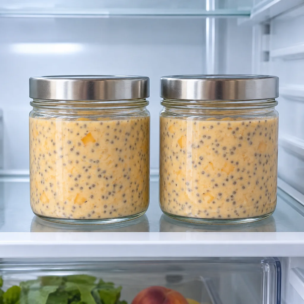 Two covered jars of peach coconut chia pudding chilling in a refrigerator