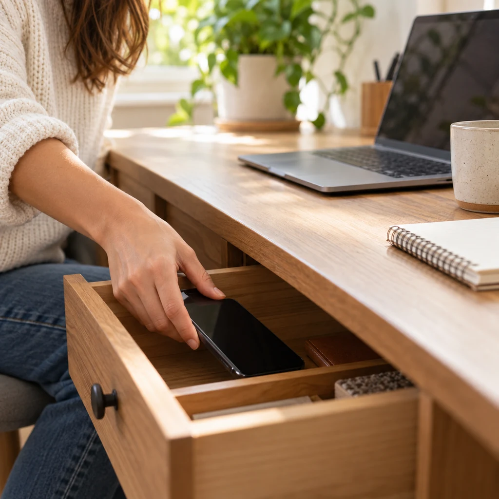 Woman placing a dark-screen smartphone inside a desk drawer before working