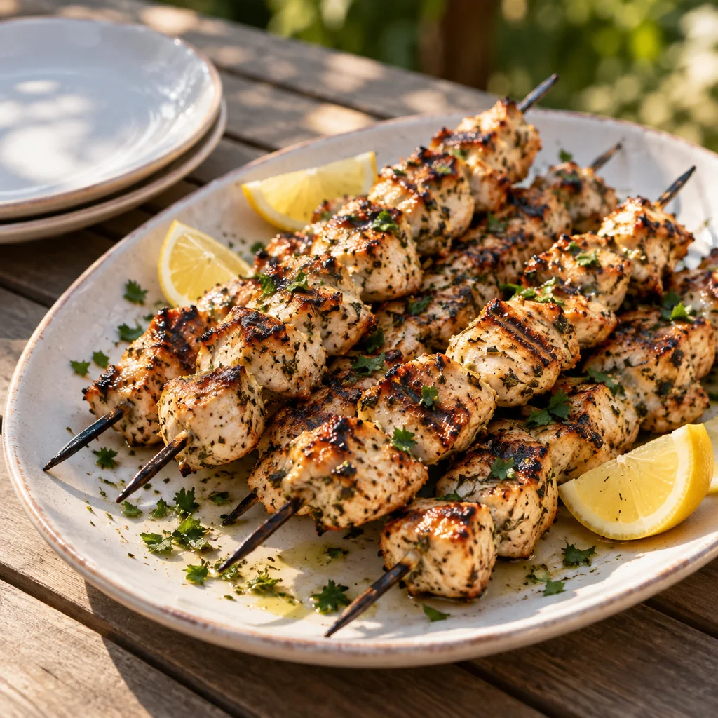 Cooked lemon herb chicken skewers resting on a platter with lemon wedges
