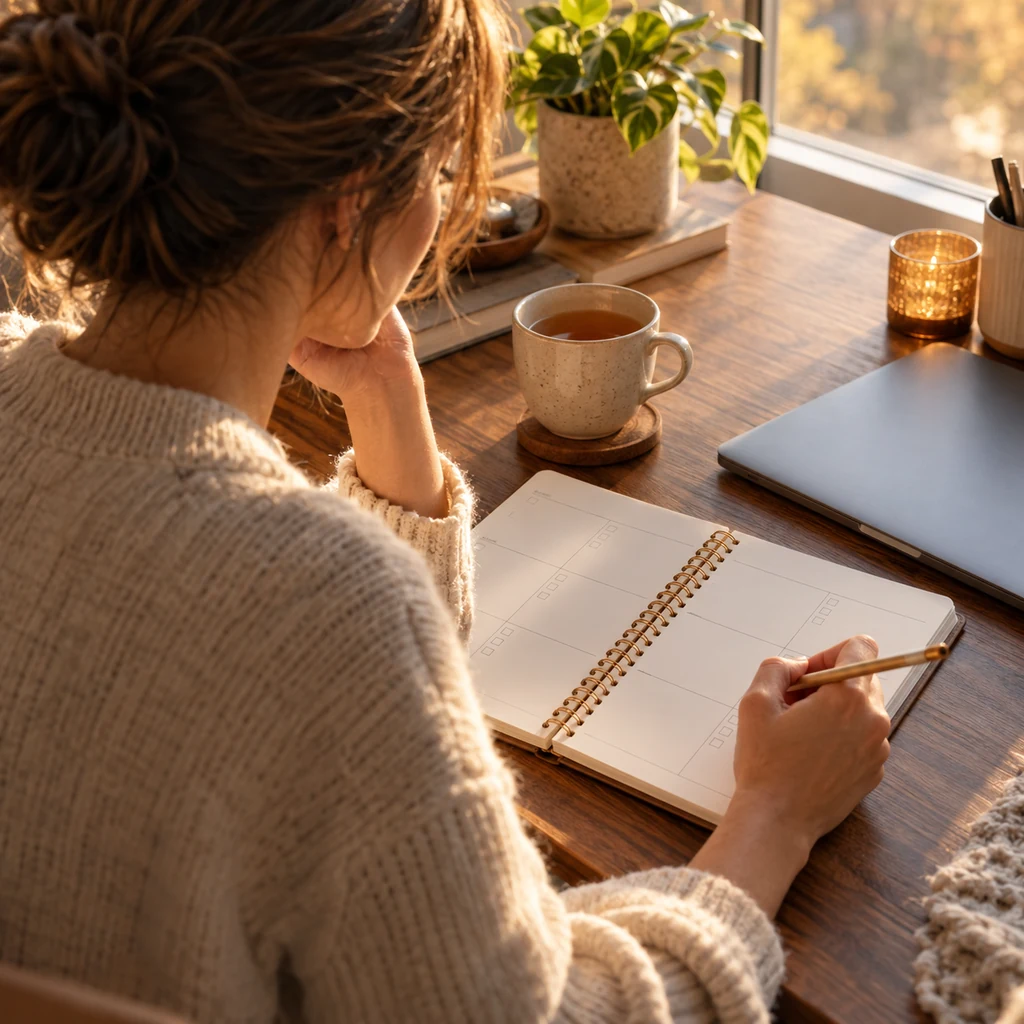 Woman reviewing a blank weekly planner beside a closed laptop in late afternoon