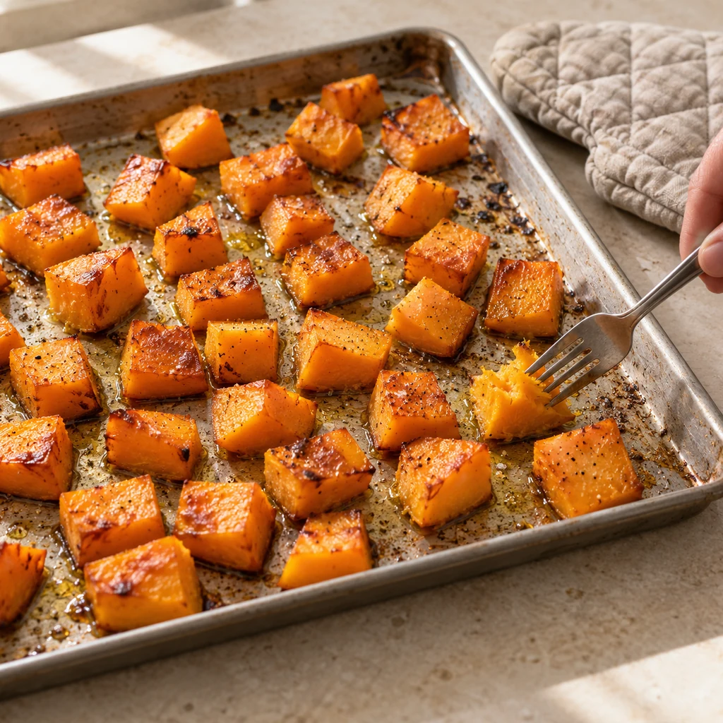 Butternut squash cubes with lightly caramelized edges on a baking sheet after roasting with olive oil