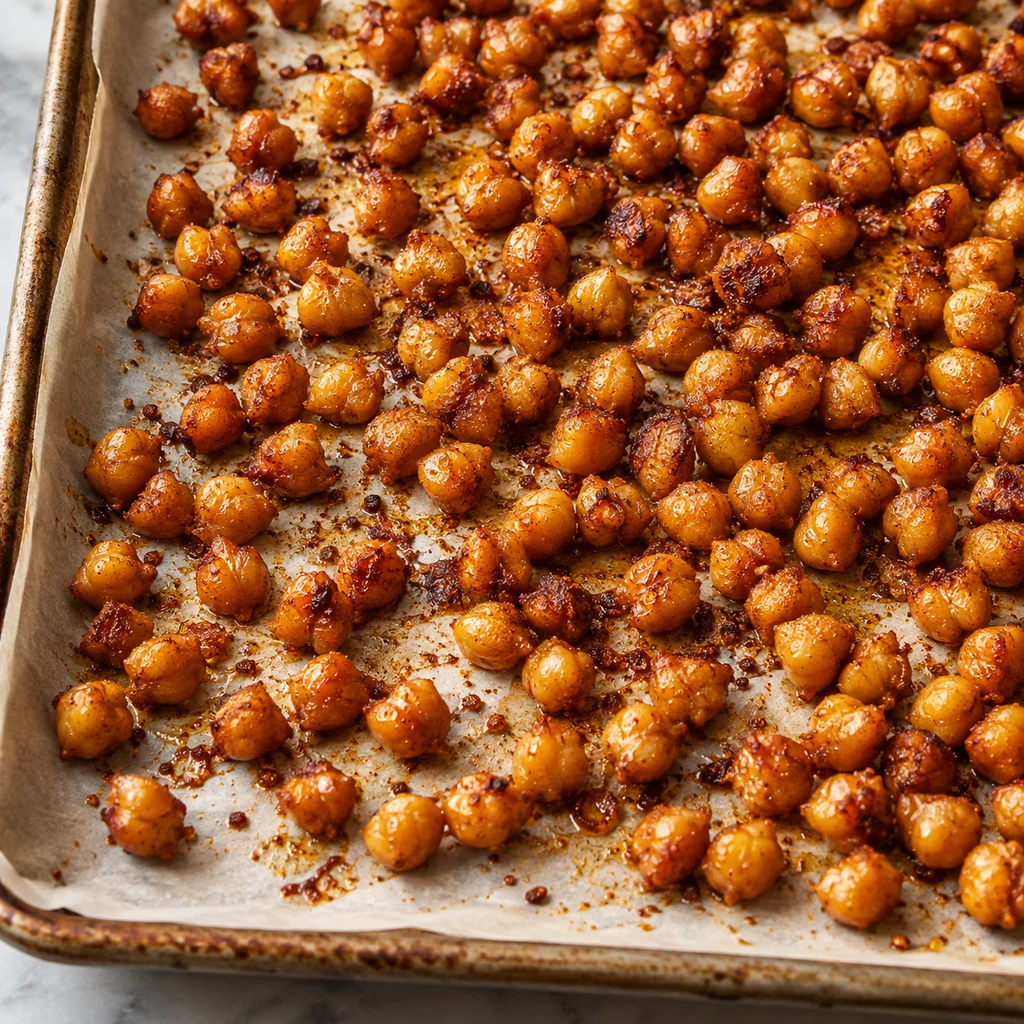 Maple paprika chickpeas roasted until crisp on a sheet pan