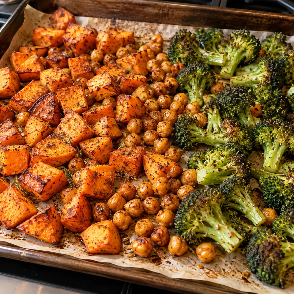 Roasted sweet potato cubes, crispy chickpeas and browned broccoli on a parchment-lined sheet pan