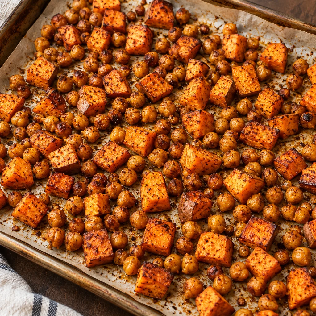 Roasted sweet potato cubes and seasoned chickpeas on a sheet pan