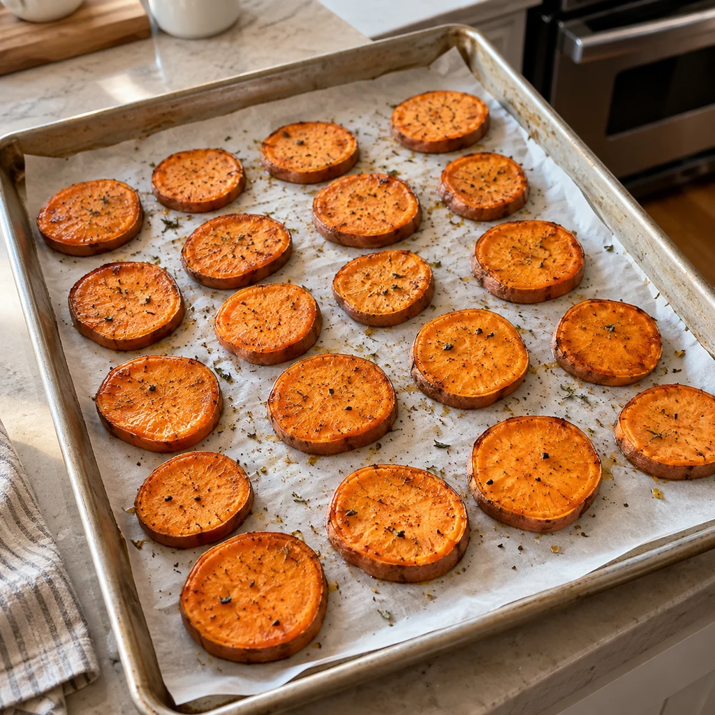 Seasoned sweet potato rounds roasted in a single layer until browned at the edges