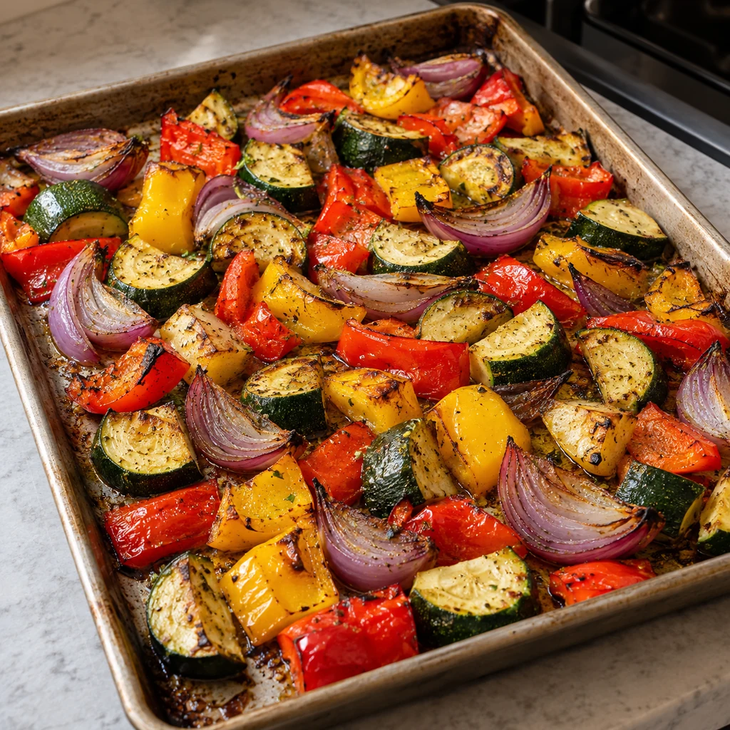 Roasted zucchini, red and yellow peppers and red onion caramelized on a baking sheet