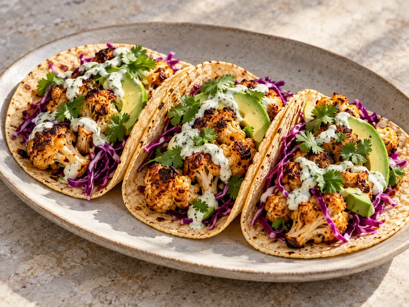 Three finished roasted cauliflower tacos with red cabbage, avocado, lime crema and cilantro on a platter