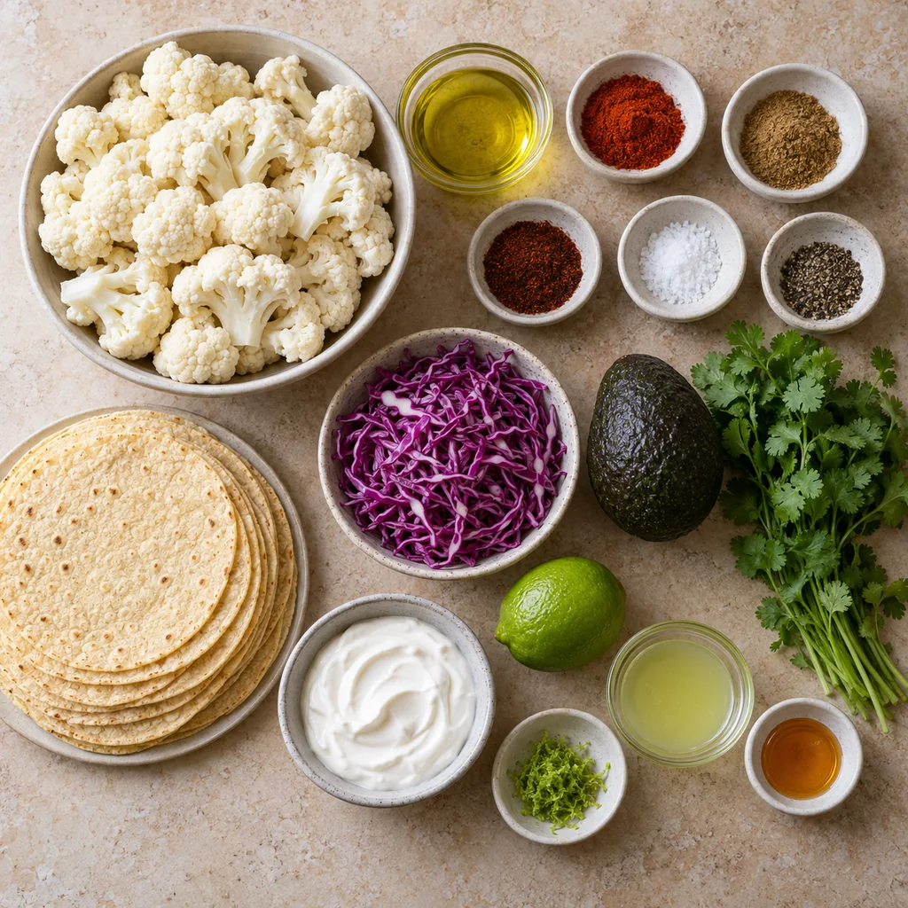 Raw cauliflower florets, olive oil, spices, corn tortillas, red cabbage, avocado, cilantro, sour cream, lime and honey arranged separately
