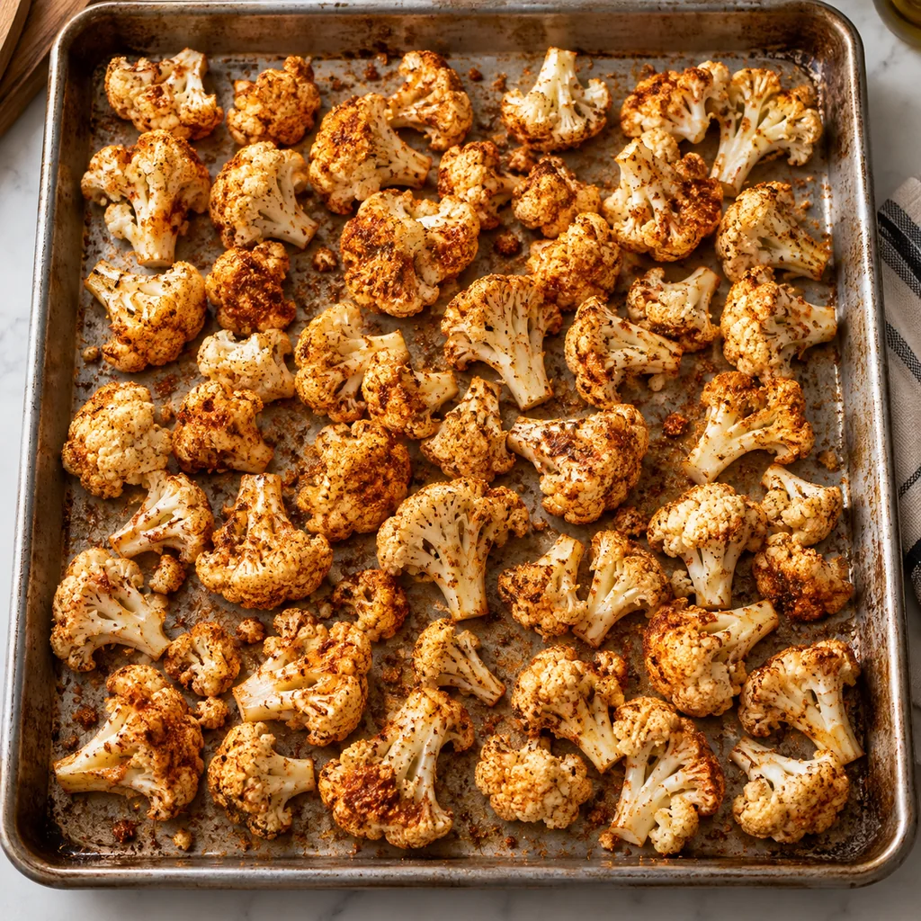 Spiced cauliflower florets spread across a baking sheet with browned roasted edges