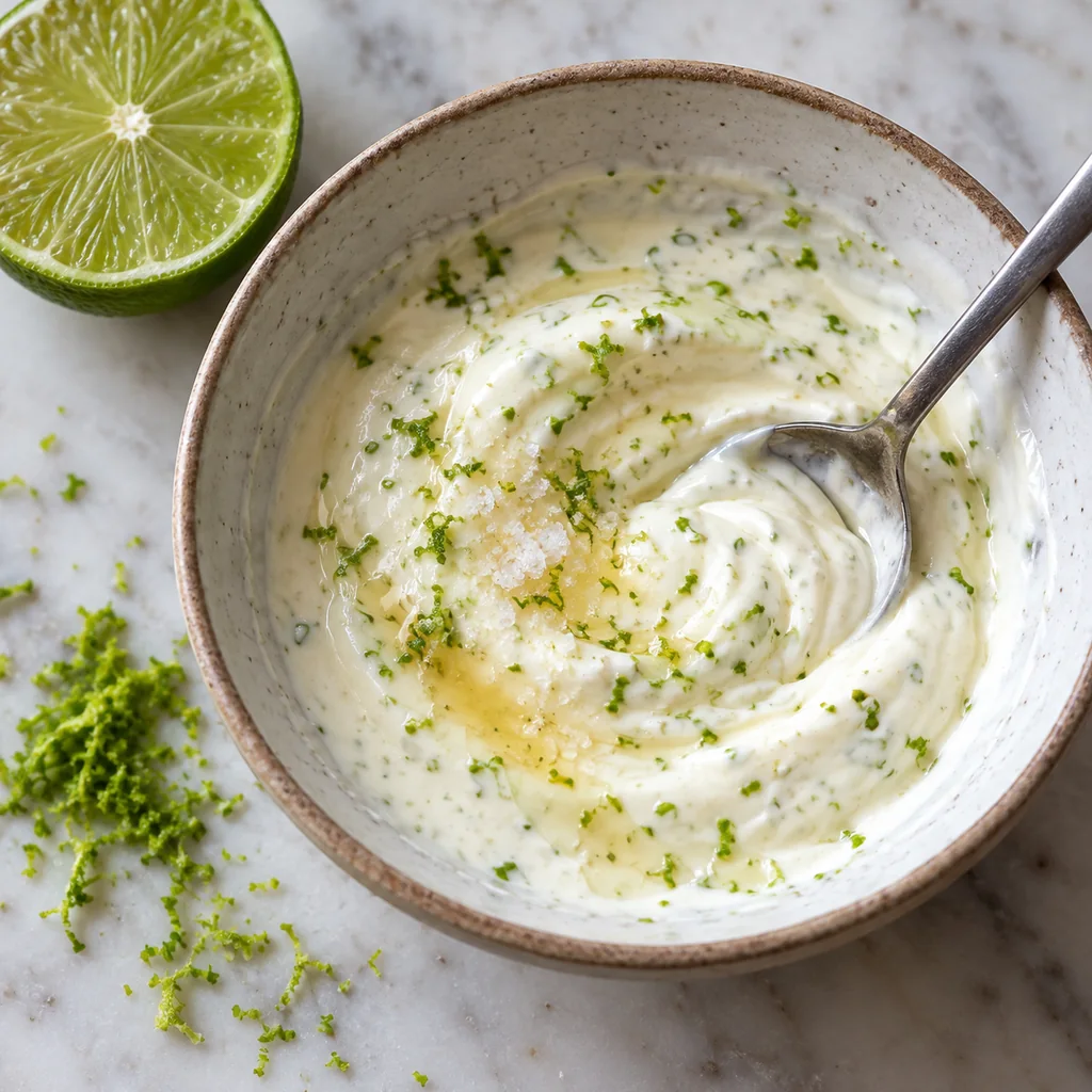 Pale lime crema with visible zest being mixed in a small bowl beside a cut lime