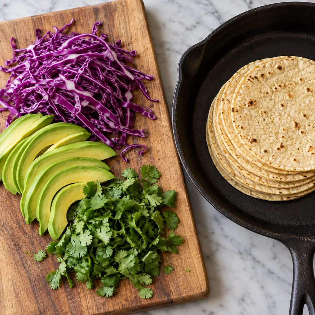 Shredded purple cabbage, avocado slices and cilantro on a board beside corn tortillas warming in a skillet
