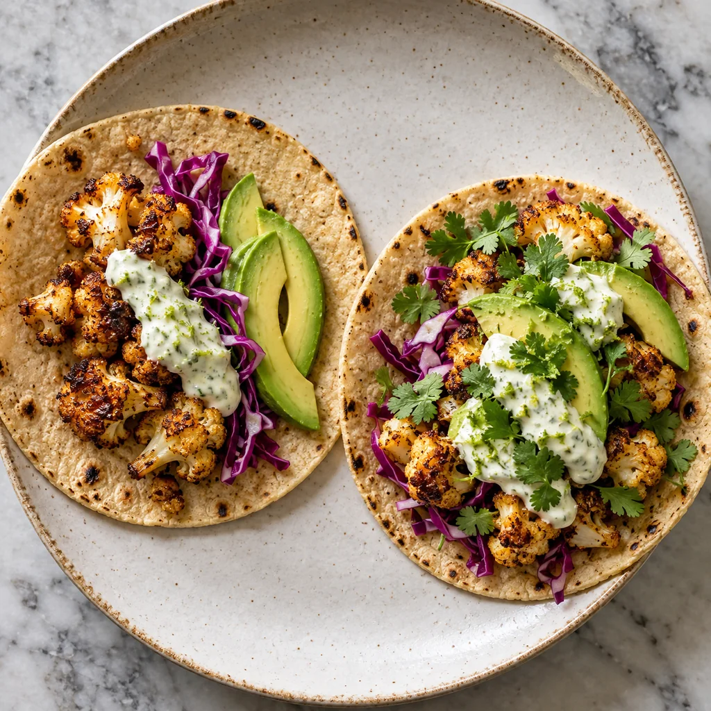 Two corn tortillas being assembled with roasted cauliflower, red cabbage, avocado, lime crema and cilantro