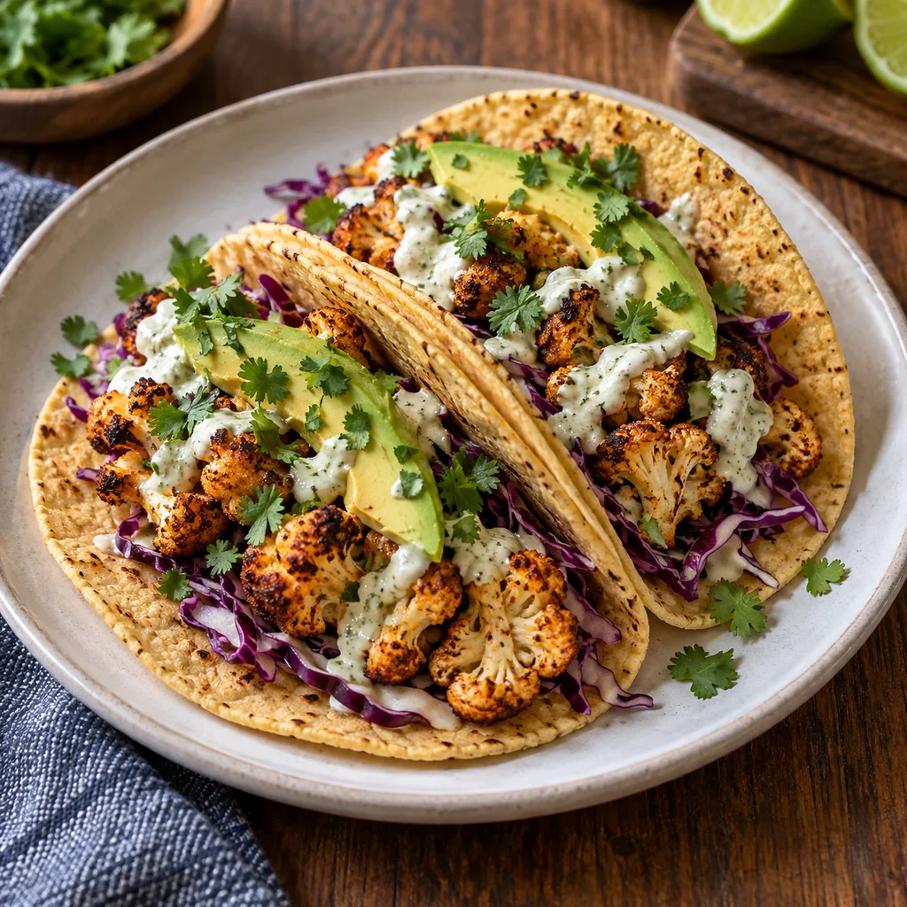 Finished roasted cauliflower tacos with cabbage, avocado, cilantro and lime crema served on a ceramic plate
