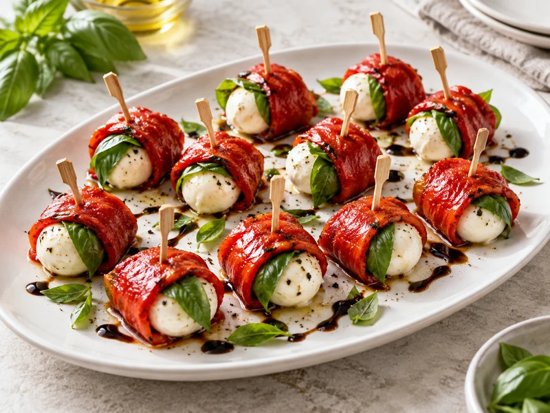 Roasted red pepper mozzarella bites with basil and balsamic glaze