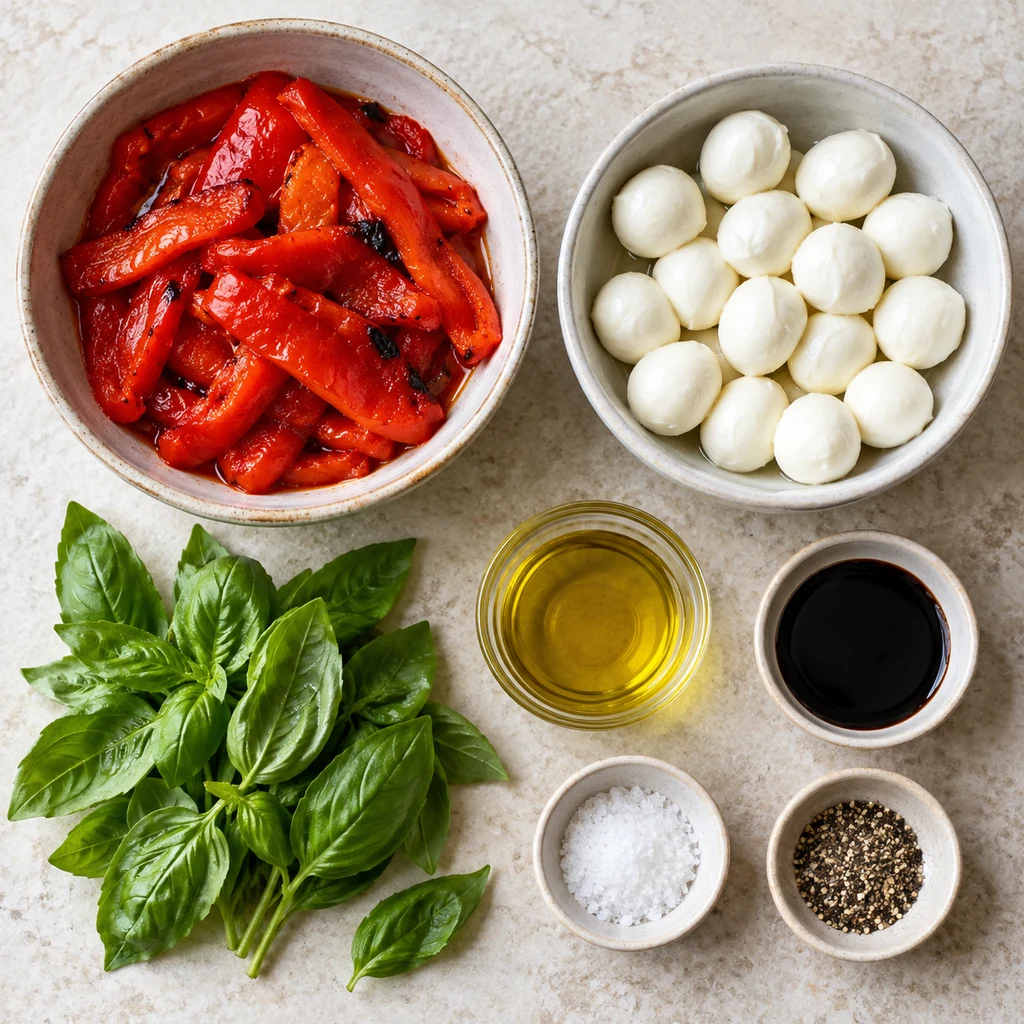 Roasted red pepper, mozzarella balls, basil, olive oil, balsamic glaze, salt and pepper