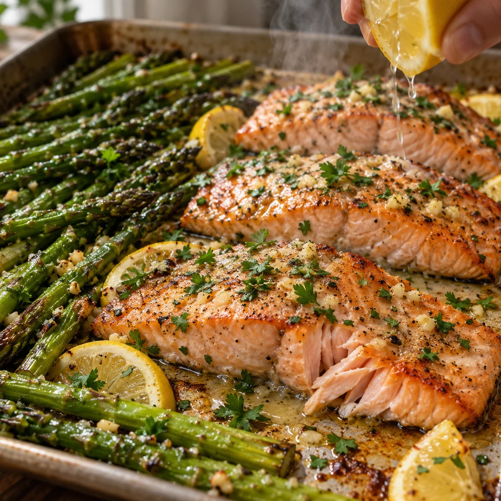 Roasted garlic butter salmon and asparagus finished with fresh lemon and parsley