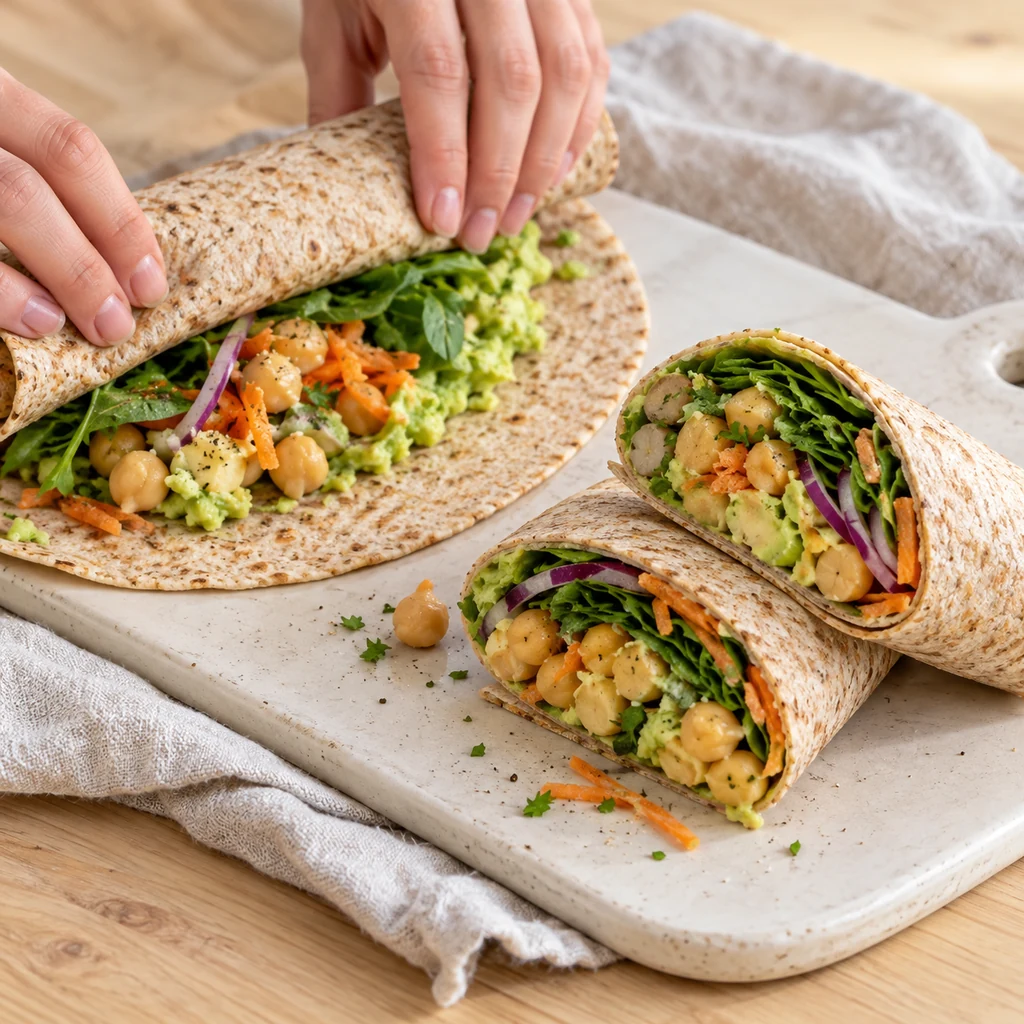 Avocado chickpea wraps being rolled and sliced diagonally