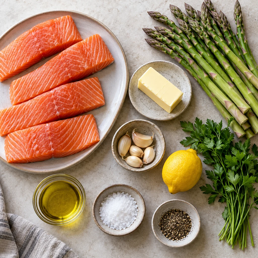 Salmon, asparagus, butter, garlic, lemon, parsley, olive oil, salt and pepper arranged for the recipe