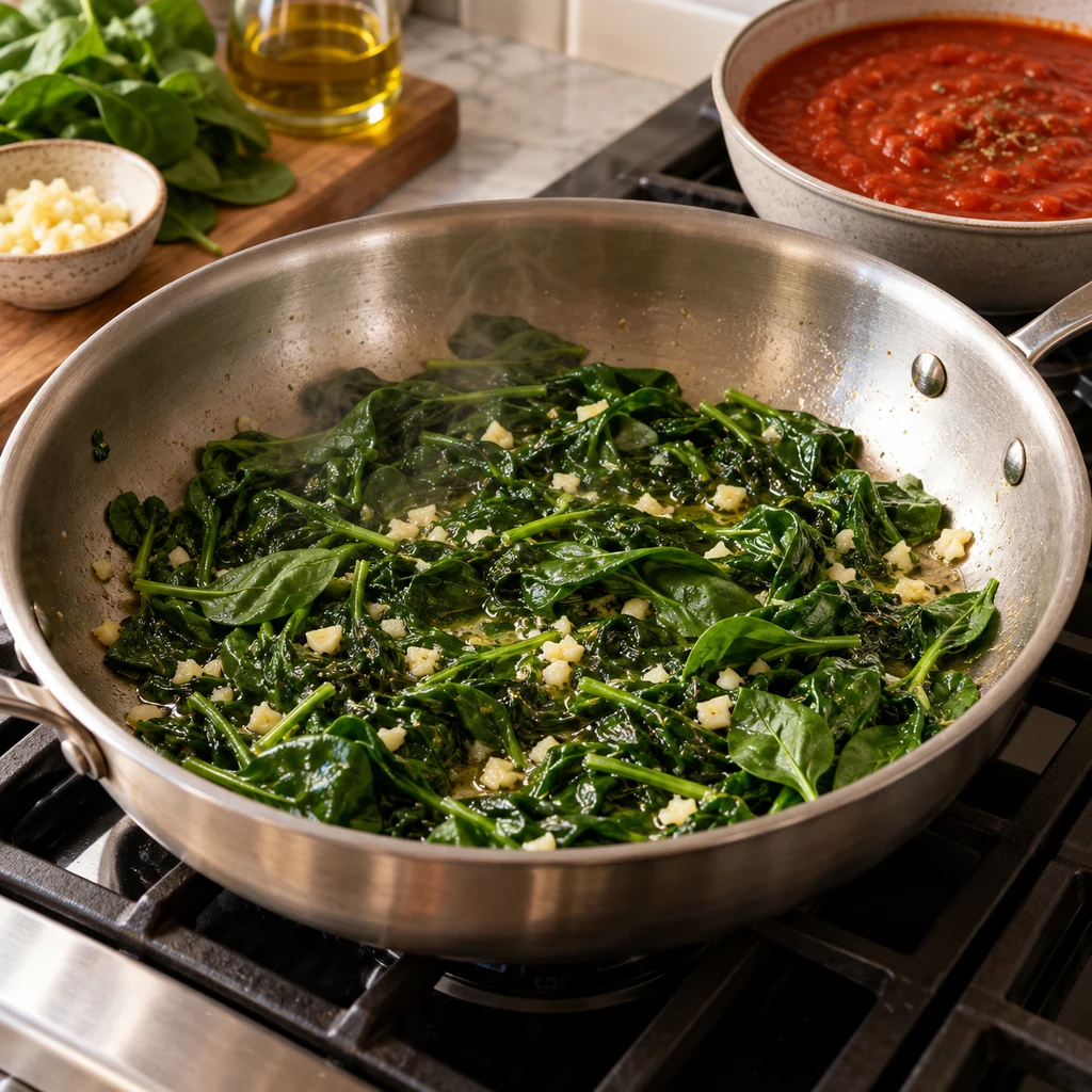 Fresh spinach and minced garlic wilting in olive oil in a large skillet