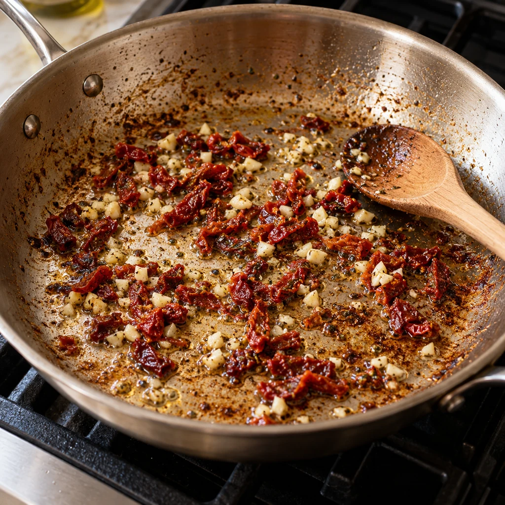 Garlic and chopped sun-dried tomatoes sizzling over browned pan drippings