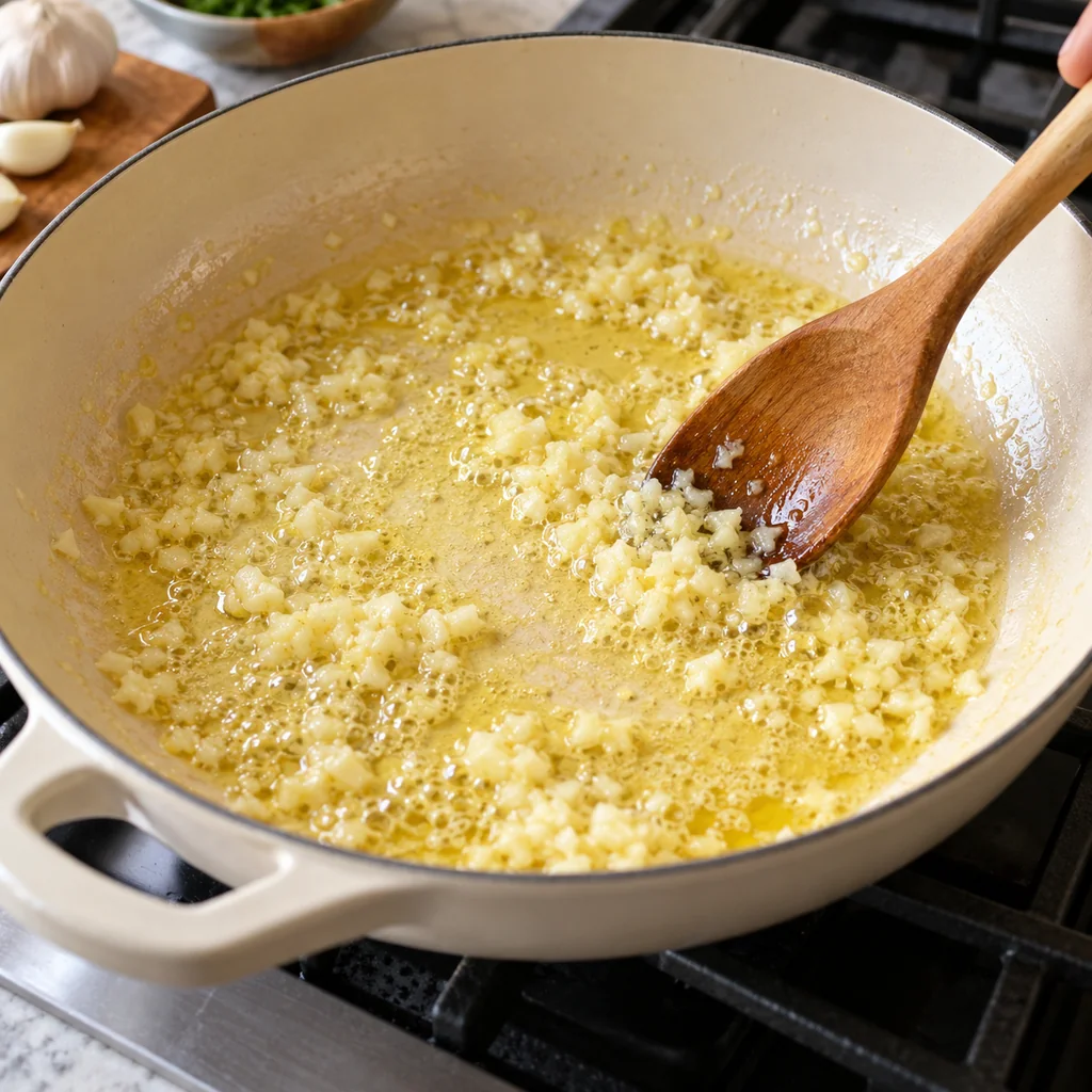 Minced garlic gently sizzling in olive oil and butter in a skillet