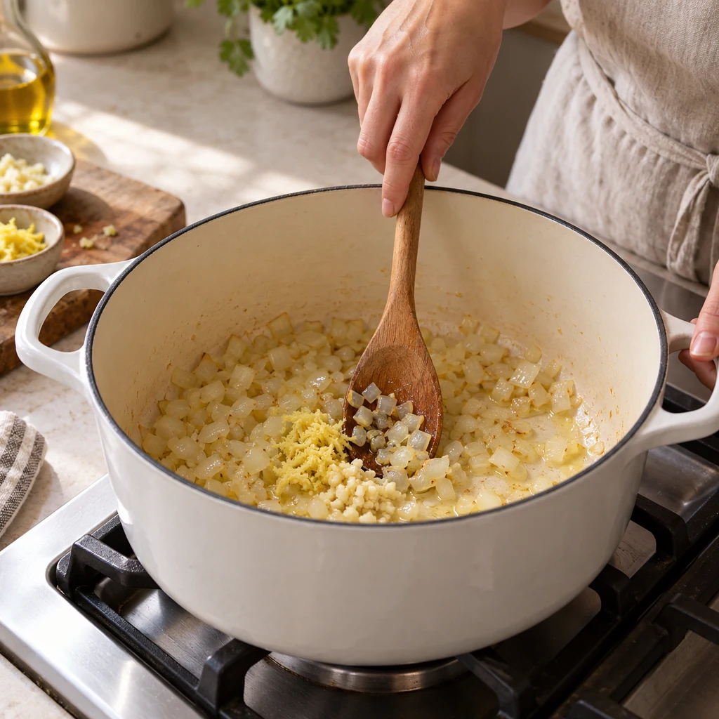 Chopped onion turning translucent in olive oil as minced garlic and grated ginger are stirred into a white pot