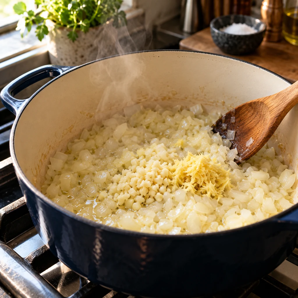 Onion softening in coconut oil with minced garlic and grated fresh ginger