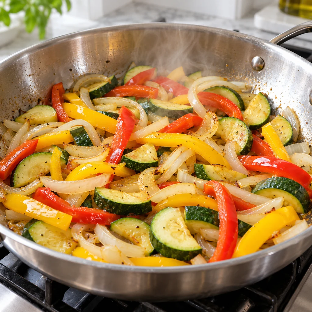 Red and yellow bell peppers, zucchini and onion sautéing in olive oil