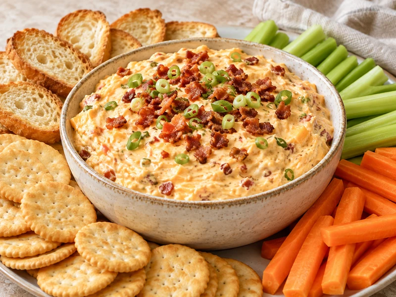 Savory bacon and cheddar cheese dip with green onions, crackers, bread and vegetables