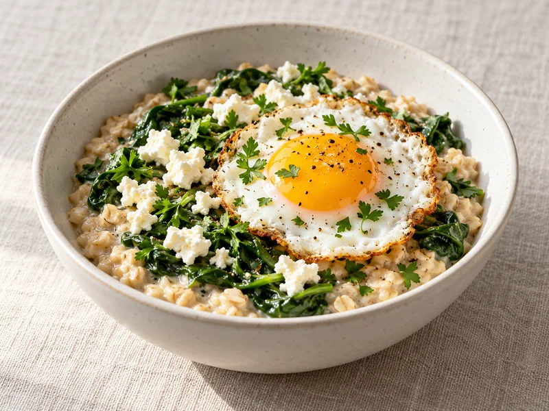 Savory oatmeal bowl with spinach, fried egg, feta and parsley