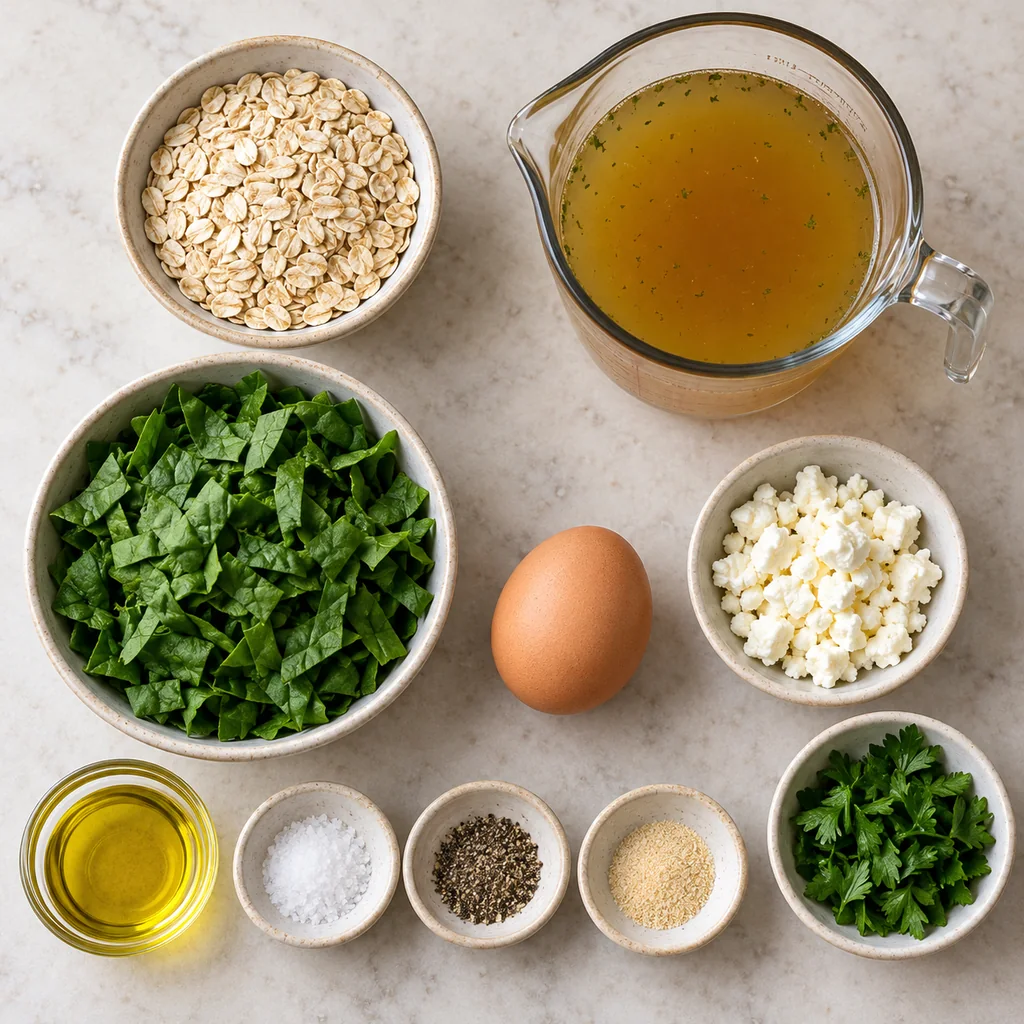 Rolled oats, vegetable broth, spinach, egg, feta, olive oil and seasonings arranged separately