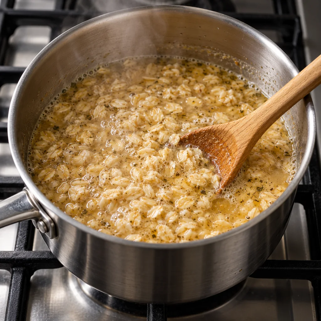 Rolled oats simmering in liquid in a saucepan before the toppings are added
